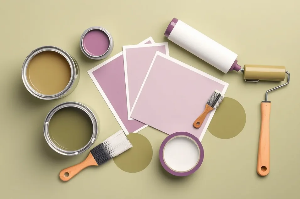 Pots de peinture, nuancier, brosses et rouleaux disposés à plat