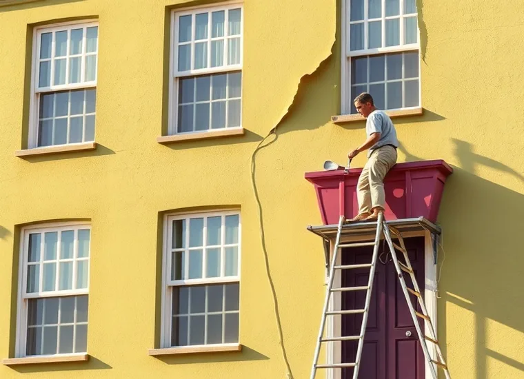 Peintre sur échafaudage traitant la façade d'une maison
